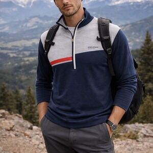 Mons Royale Mens M Alta Tech Half Zip Merino Wool Long Sleeve Shirt Blue Grey